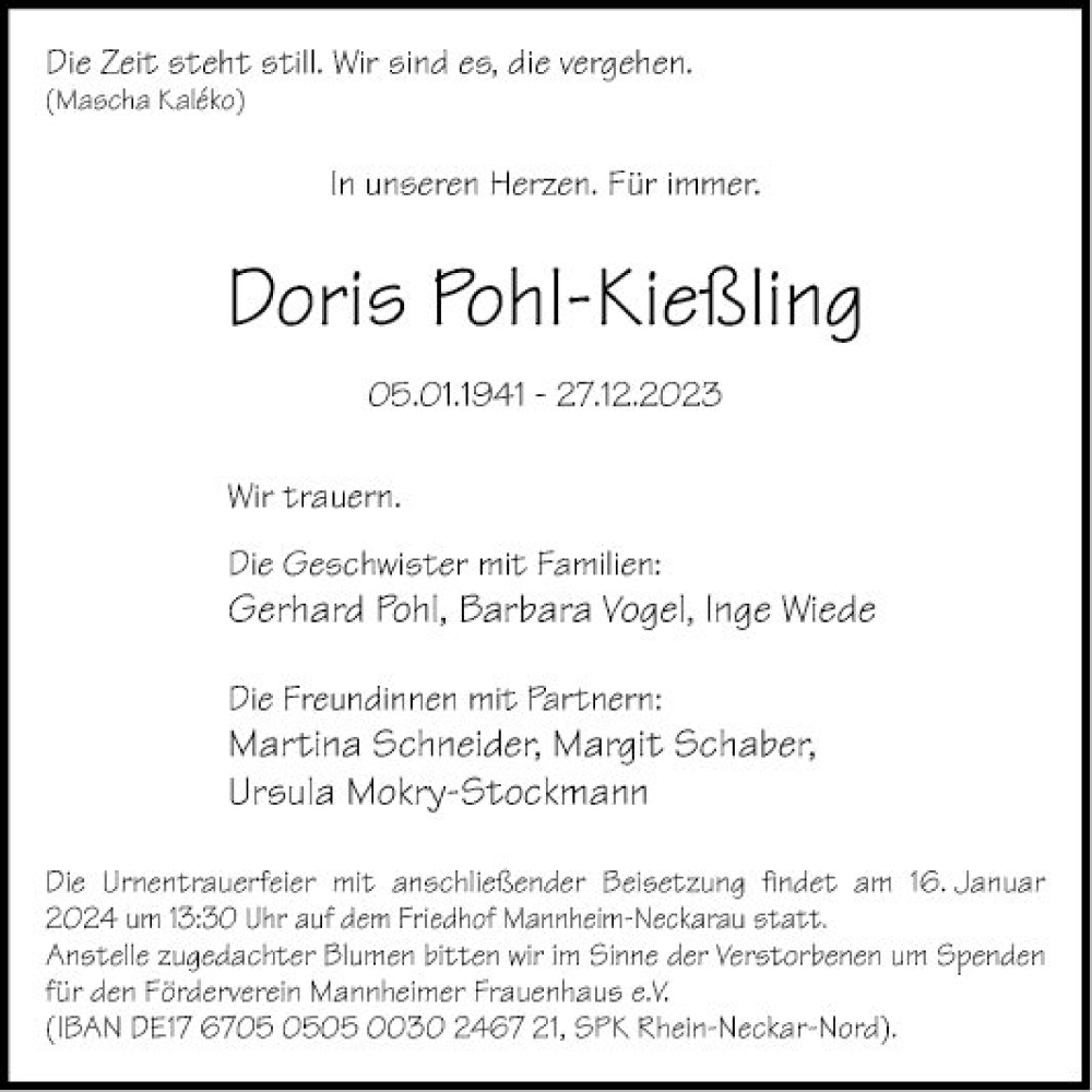  Traueranzeige für Doris Pohl-Kießling vom 05.01.2024 aus Mannheimer Morgen