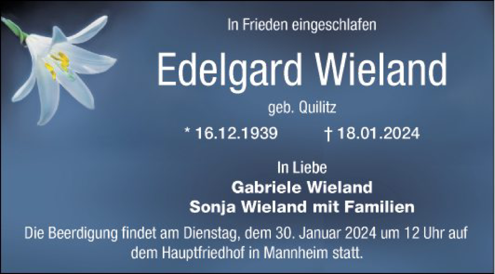  Traueranzeige für Edelgard Wieland vom 27.01.2024 aus Mannheimer Morgen