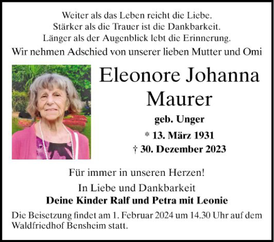 Traueranzeige von Eleonore Johanna von Mannheimer Morgen