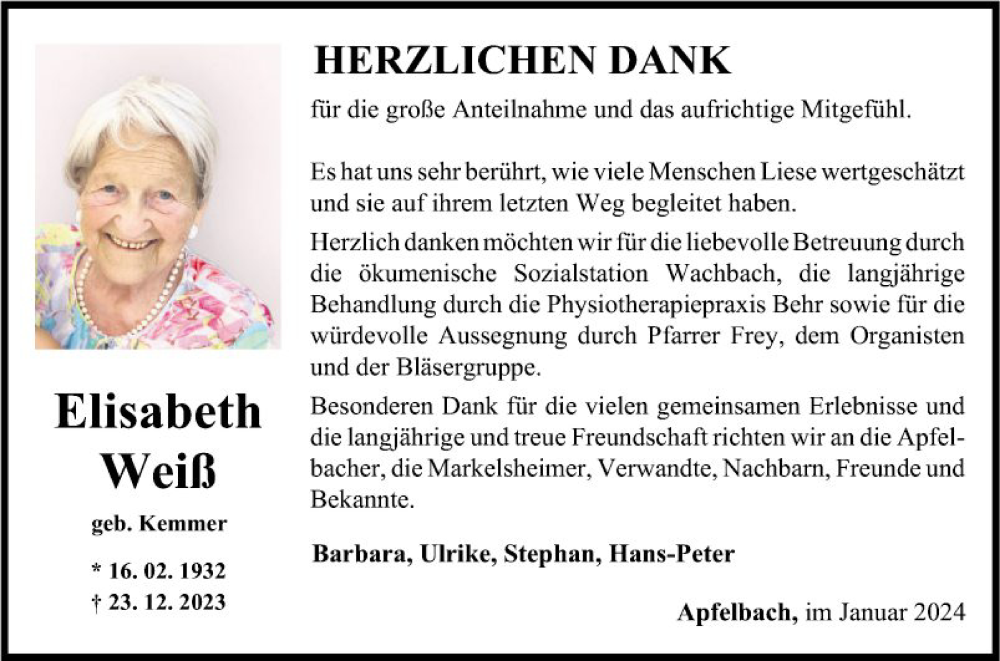  Traueranzeige für Elisabeth Weiß vom 10.01.2024 aus Fränkische Nachrichten