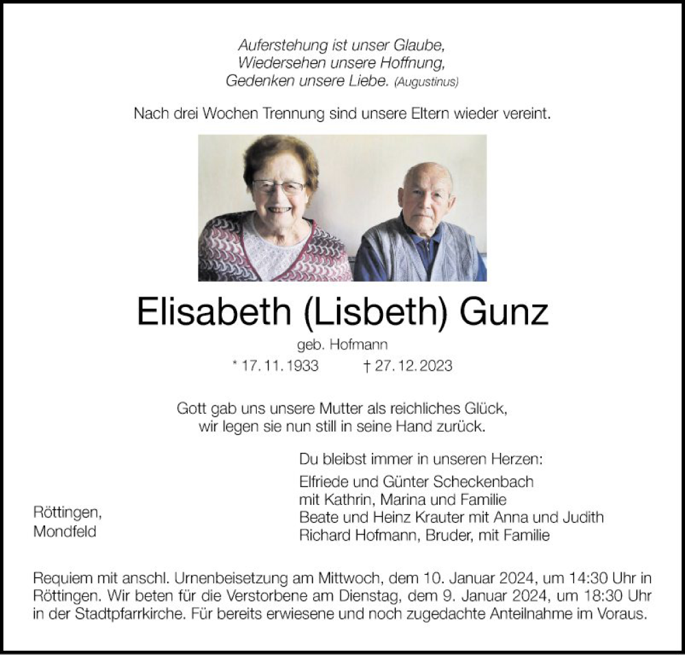  Traueranzeige für Elisabeth Lisbeth Gunz vom 05.01.2024 aus Fränkische Nachrichten