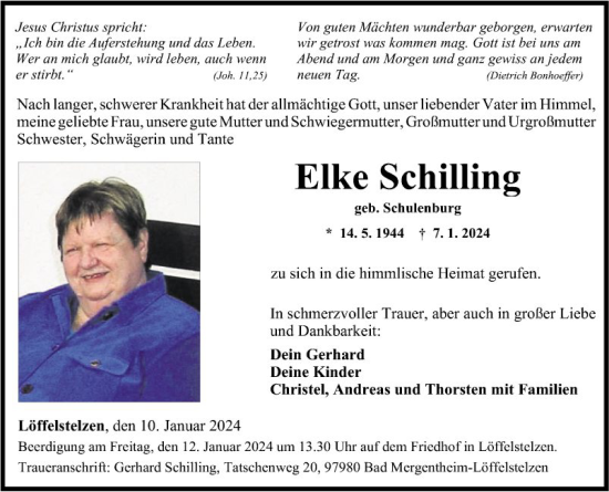 Traueranzeige von Elke Schilling von Fränkische Nachrichten
