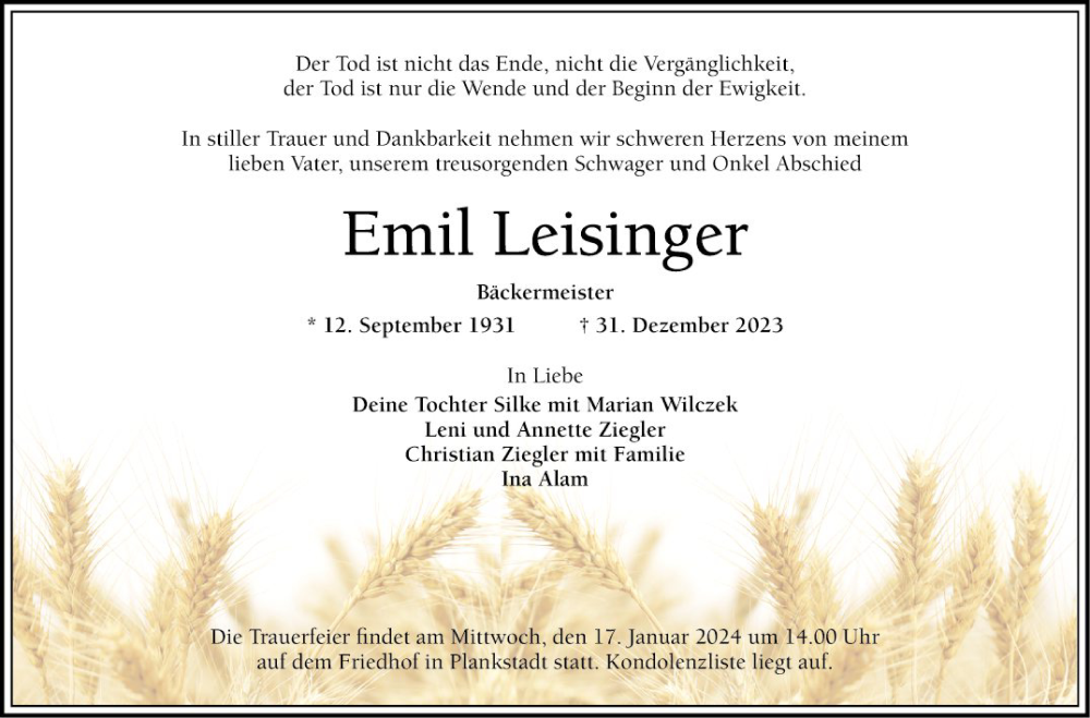  Traueranzeige für Emil Leisinger vom 13.01.2024 aus Schwetzinger Zeitung