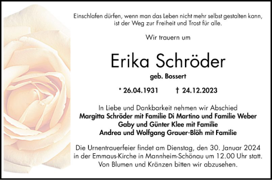 Traueranzeige von Erika Schröder von Mannheimer Morgen