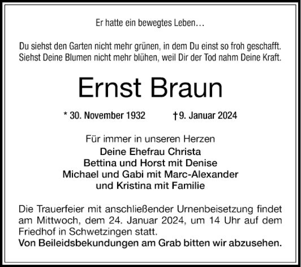  Traueranzeige für Ernst Braun vom 20.01.2024 aus Mannheimer Morgen