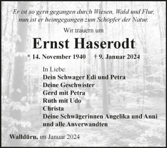 Traueranzeige von Ernst Haserodt von Fränkische Nachrichten