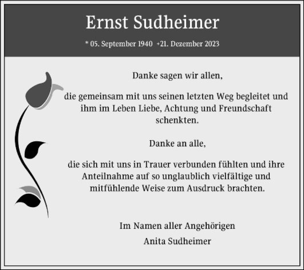 Traueranzeigen von Ernst Sudheimer | Trauerportal Ihrer Tageszeitung