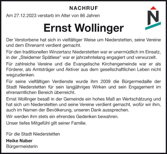 Traueranzeige von Ernst Wollinger von Fränkische Nachrichten