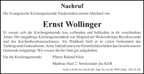 Traueranzeige von Ernst Wollinger von Fränkische Nachrichten
