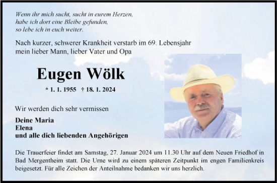 Traueranzeige von Eugen Wölk von Fränkische Nachrichten