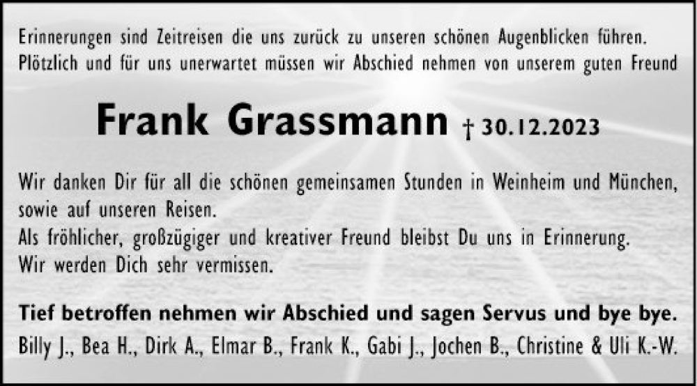  Traueranzeige für Frank Grossmann vom 20.01.2024 aus Mannheimer Morgen