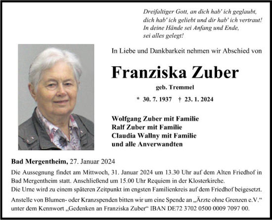 Traueranzeige von Franziska Zuber von Fränkische Nachrichten