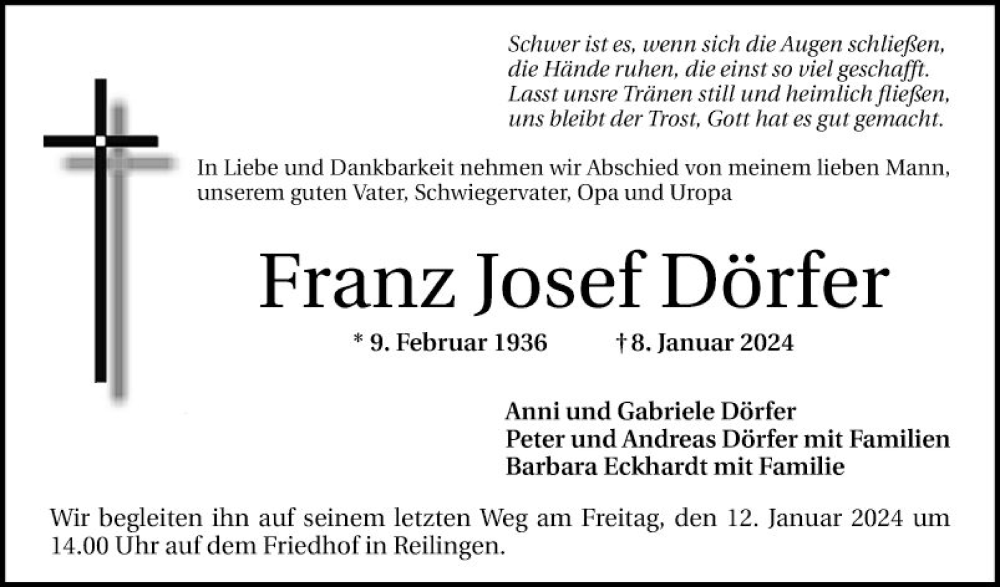  Traueranzeige für Franz Josef Dörfer vom 10.01.2024 aus Schwetzinger Zeitung