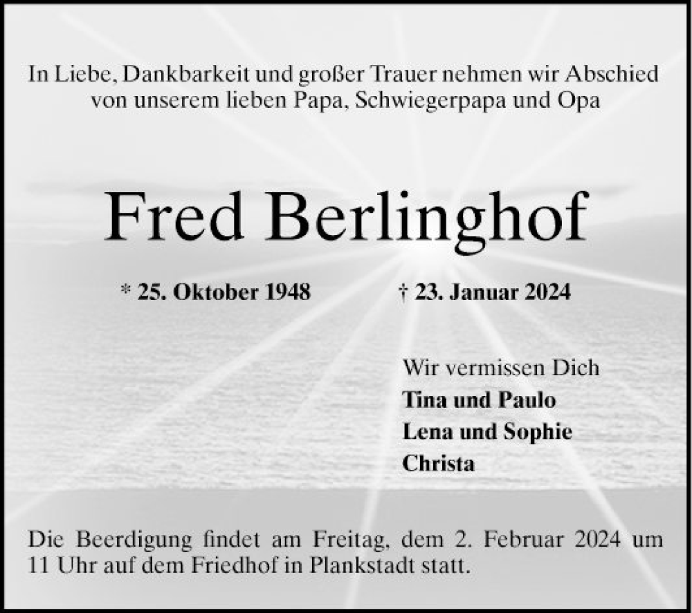  Traueranzeige für Fred Berlinghof vom 27.01.2024 aus Schwetzinger Zeitung