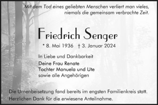 Traueranzeige von Friedrich Senger von Mannheimer Morgen