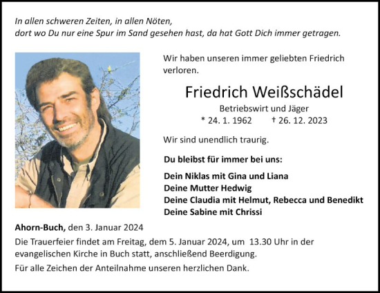 Traueranzeige von Friedrich Weißschädel von Fränkische Nachrichten