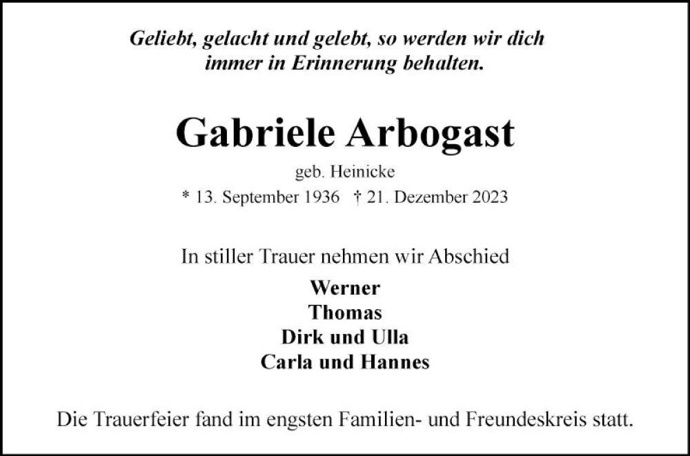 Traueranzeige für Gabriele Arbogast vom 05.01.2024 aus Mannheimer Morgen