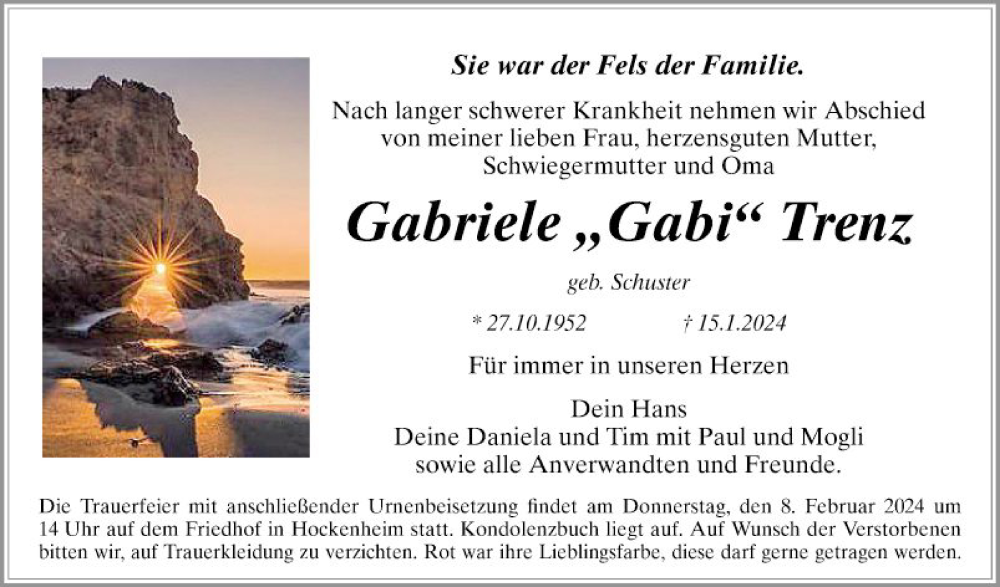  Traueranzeige für Gabriele Trenz vom 27.01.2024 aus Schwetzinger Zeitung
