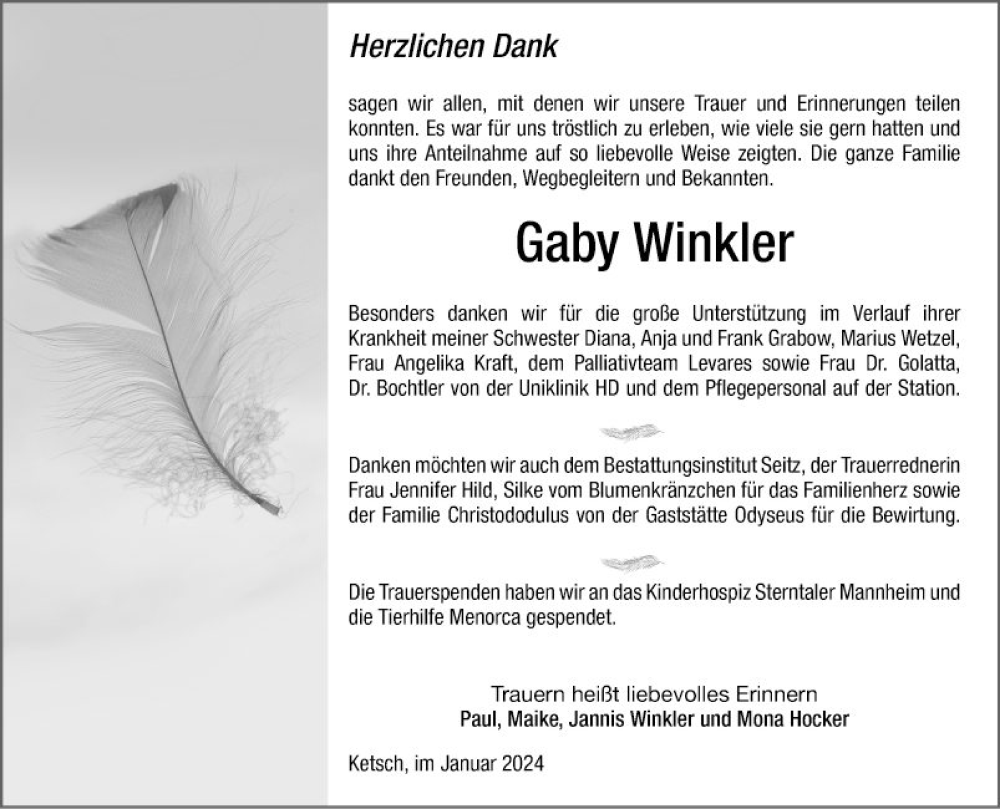  Traueranzeige für Gaby Winkler vom 13.01.2024 aus Schwetzinger Zeitung