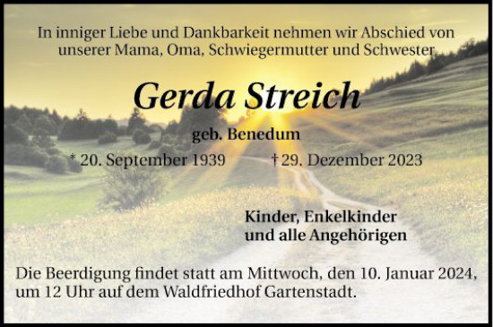Traueranzeige von Gerda Streich von Mannheimer Morgen