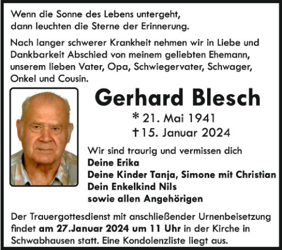 Traueranzeige von Gerhard Blesch von Fränkische Nachrichten