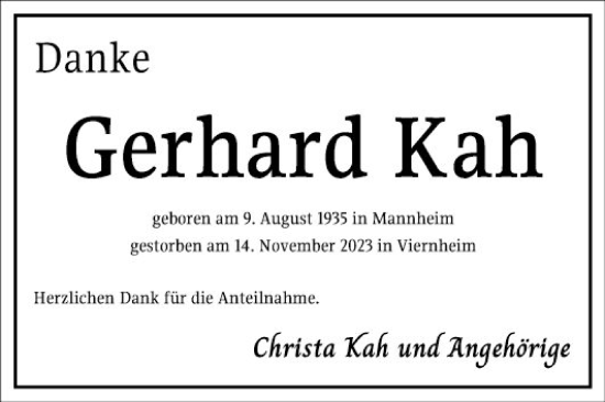 Traueranzeige von Gerhard Kah von Mannheimer Morgen