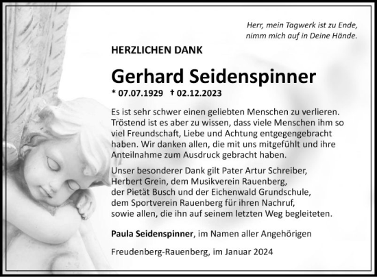 Traueranzeige von Gerhard Seidenspinner von Fränkische Nachrichten