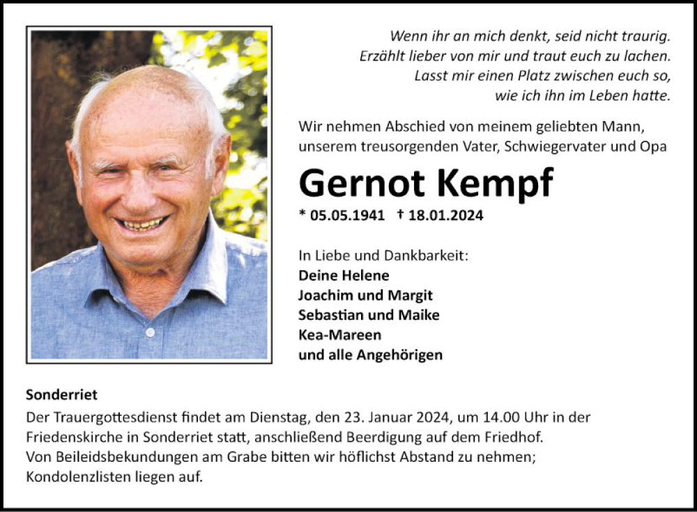  Traueranzeige für Gernot Kempf vom 20.01.2024 aus Fränkische Nachrichten