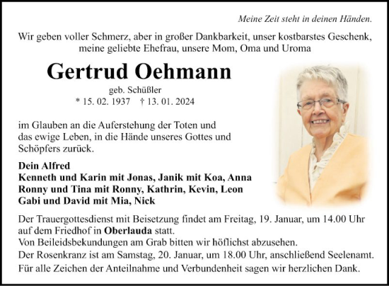 Traueranzeige von Gertrud Oehmann von Fränkische Nachrichten