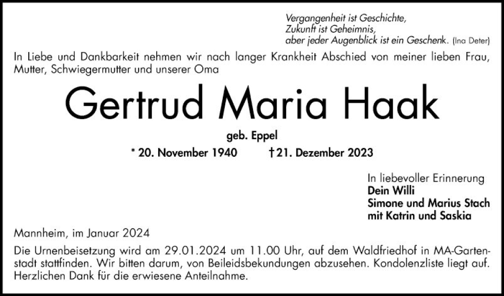  Traueranzeige für Gertrud Maria Haak vom 05.01.2024 aus Mannheimer Morgen