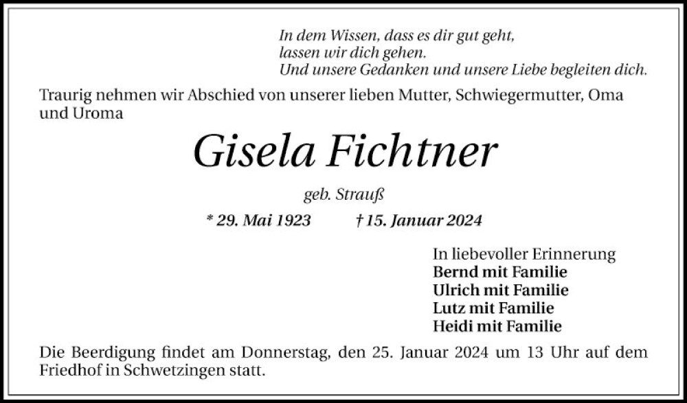 Traueranzeige für Gisela Fichtner vom 20.01.2024 aus Schwetzinger Zeitung