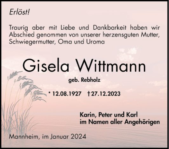 Traueranzeige von Gisela Wittmann von Mannheimer Morgen