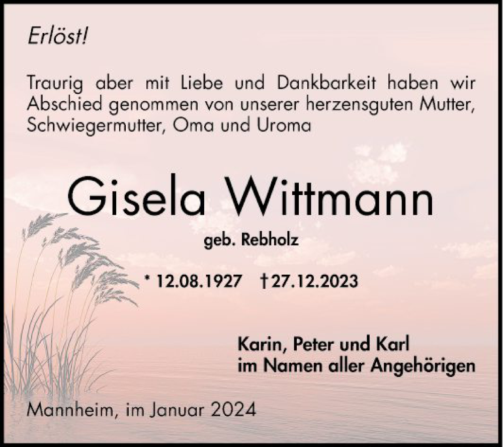  Traueranzeige für Gisela Wittmann vom 05.01.2024 aus Mannheimer Morgen