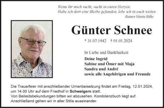 Traueranzeige von Günter Schnee von Fränkische Nachrichten