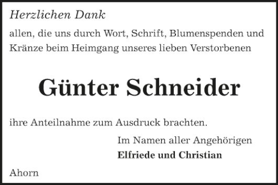 Traueranzeige von Günter Schneider von Fränkische Nachrichten