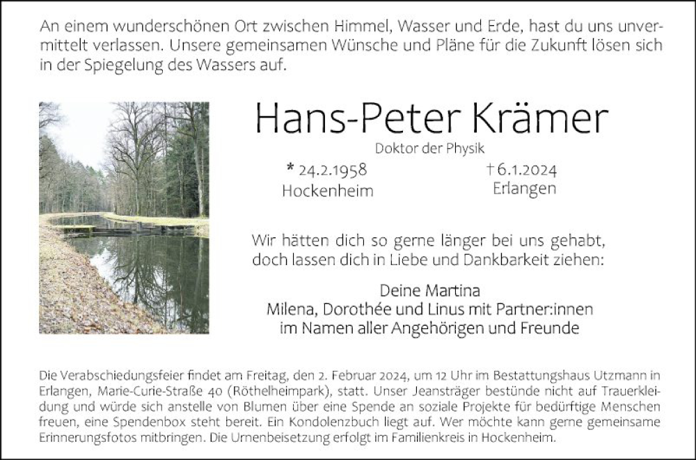  Traueranzeige für Hand Peter Krämer vom 20.01.2024 aus Schwetzinger Zeitung