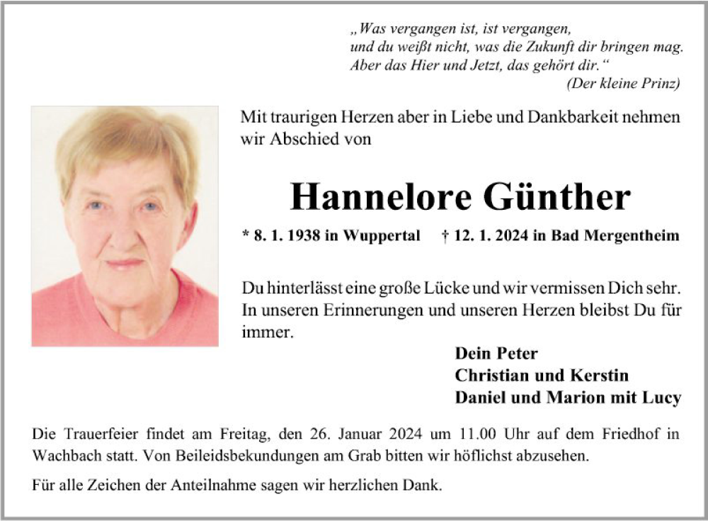  Traueranzeige für Hannelore Günther vom 23.01.2024 aus Fränkische Nachrichten