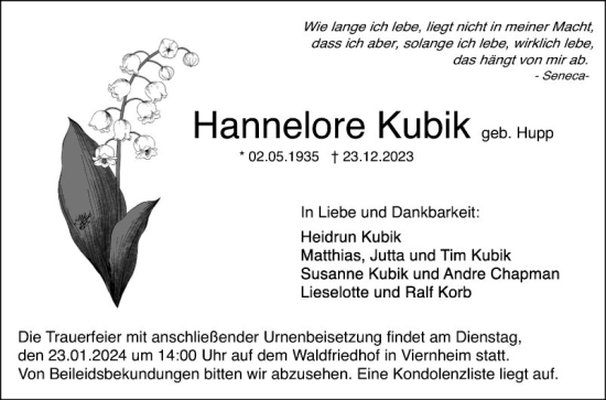 Traueranzeige von Hannelore Kubik von Mannheimer Morgen