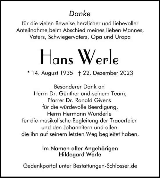Traueranzeige von Hans Werle von Mannheimer Morgen