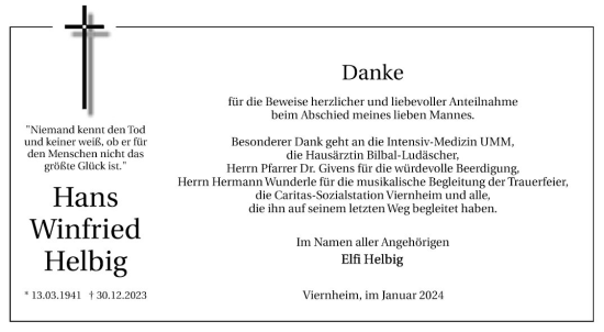 Traueranzeige von Hans Winfried Helbig von Mannheimer Morgen