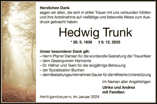 Traueranzeige von Hedwig Trunk von Fränkische Nachrichten