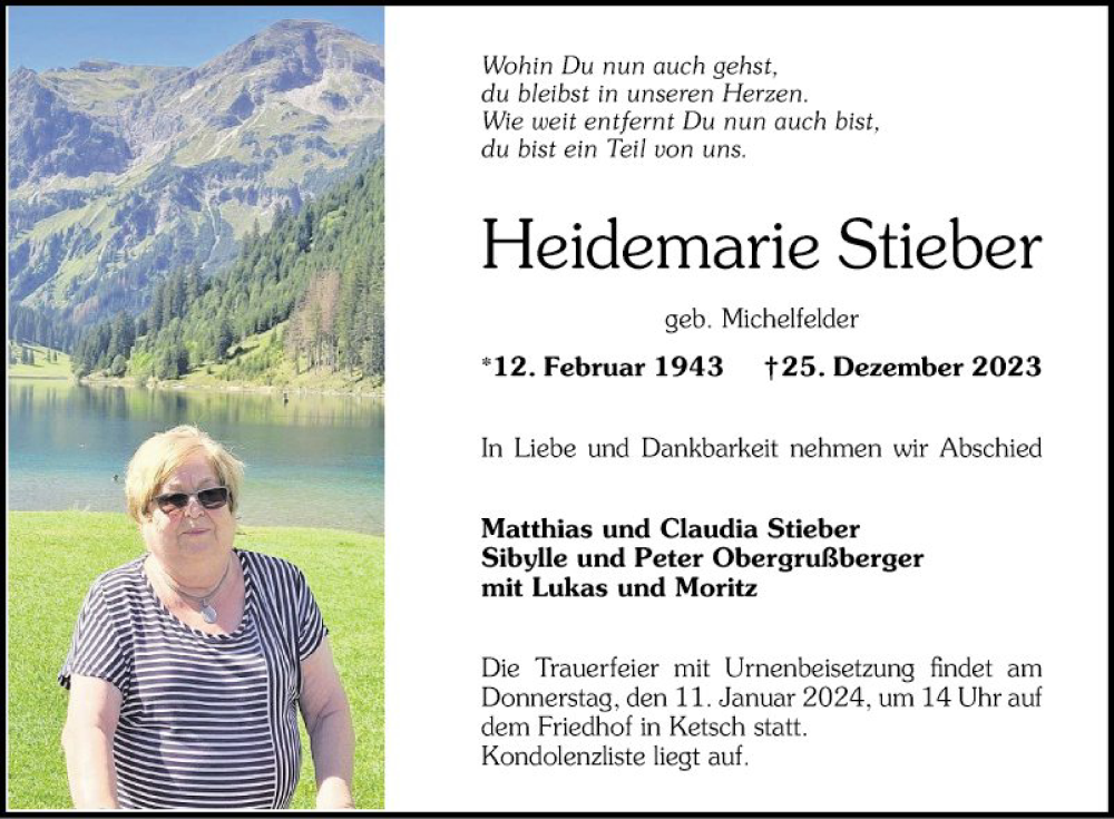  Traueranzeige für Heidemarie Stieber vom 05.01.2024 aus Schwetzinger Zeitung