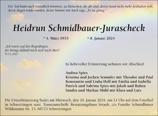 Traueranzeige von Heidrun Schmidbauer-jurascheck von Schwetzinger Zeitung