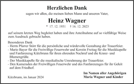 Traueranzeige von Heinz Wagner von Fränkische Nachrichten