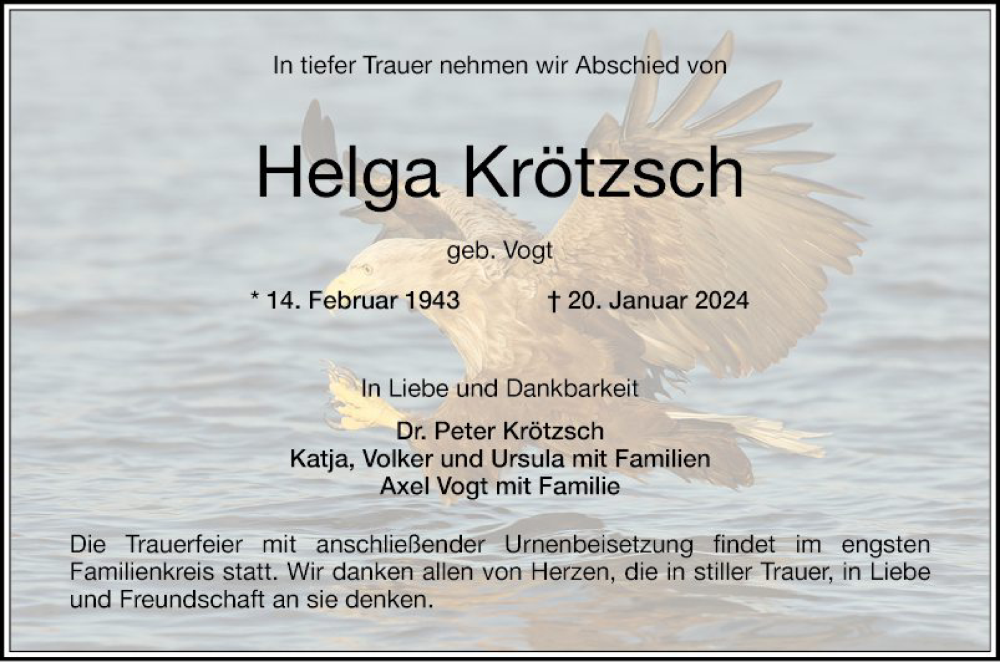  Traueranzeige für Helga Krötzsch vom 27.01.2024 aus Schwetzinger Zeitung