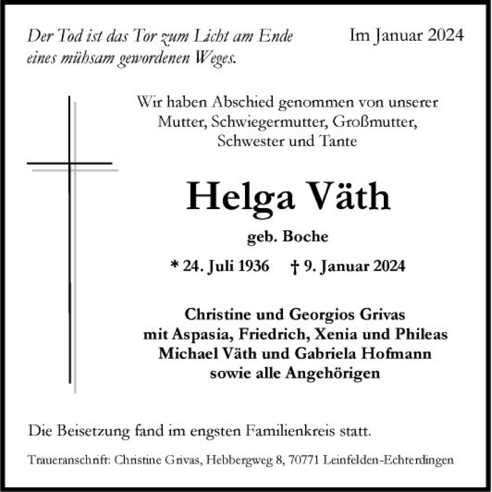  Traueranzeige für Helga Väth vom 27.01.2024 aus Fränkische Nachrichten