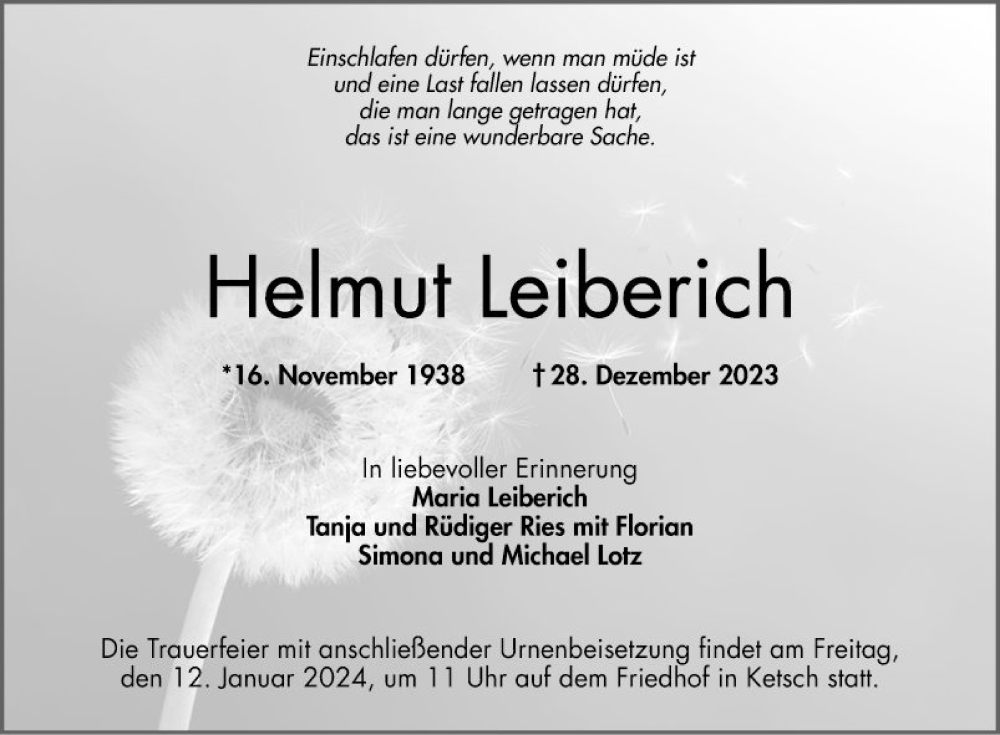  Traueranzeige für Helmut Leiberich vom 05.01.2024 aus Schwetzinger Zeitung