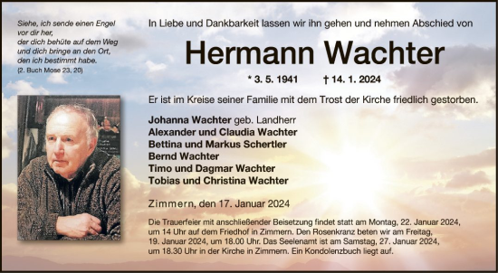 Traueranzeige von Hermann Wachter von Fränkische Nachrichten