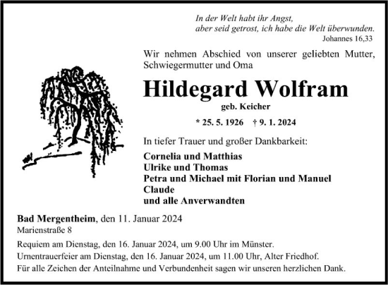 Traueranzeige von Hildegard Wolfram von Fränkische Nachrichten