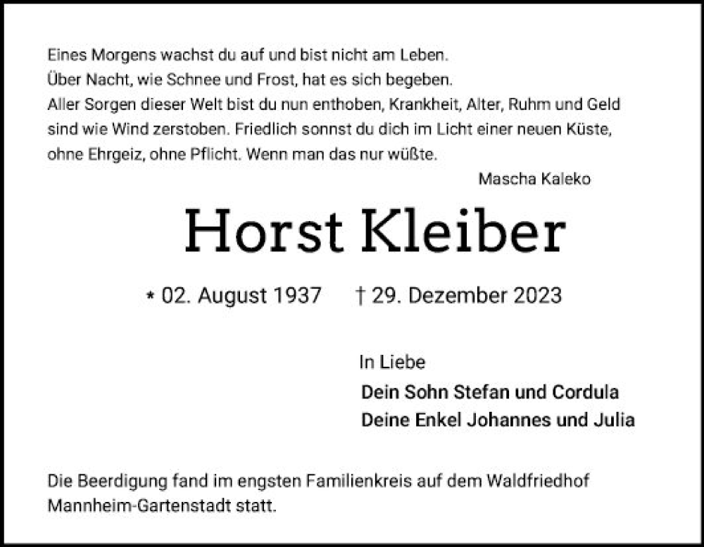  Traueranzeige für Horst Kleiber vom 20.01.2024 aus Mannheimer Morgen